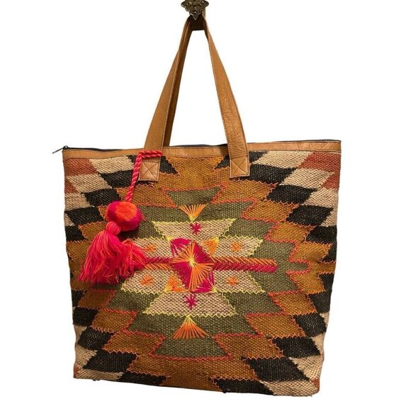 Panache Women's Handwoven Jute Embroidered Leather Tote Bag - Picture 1 of 10